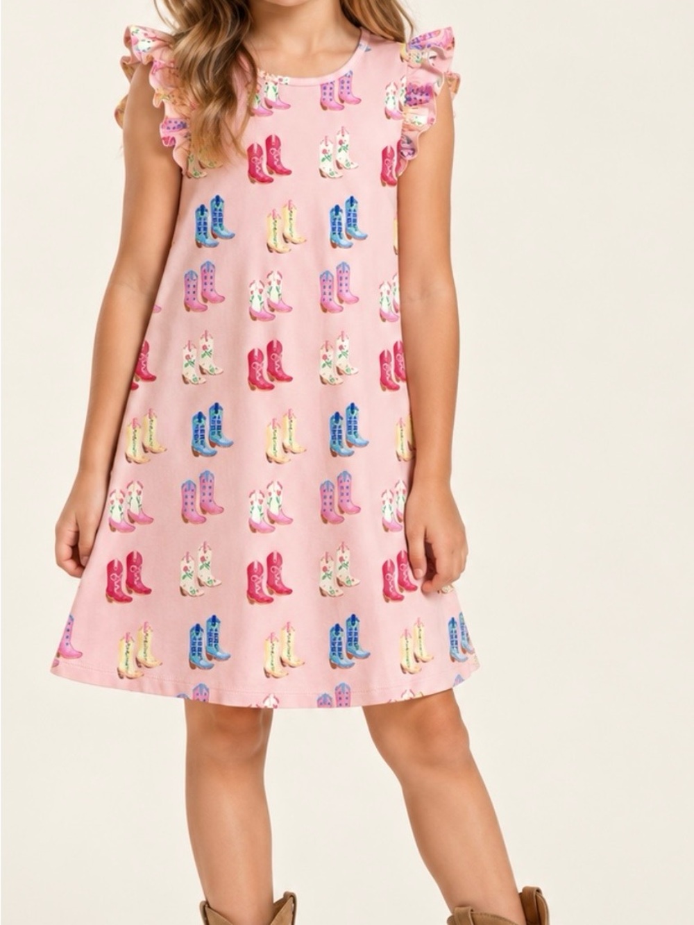 Girls pink ruffle cowboy boot print dress Pima cotton LIKE NEW